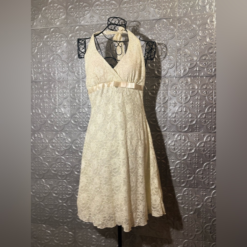 Love Tease vintage Babydoll Dress 90s cream sparkly bow Halter prom party dress